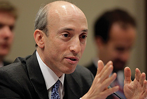 Photo showing Gary Gensler, chairman of the Commodity Futures Trading Commission, conducting a hearing on energy speculators and whether they influence fluctuations in the energy market that could affect the price of oil and natural gas in an adverse or destabilizing way.