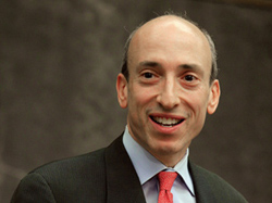 Photo showing Gary Gensler, chairman of the Commodity Futures Trading Commission speaking at the George Washington University Law School on October 23, 2009 in Washington, DC.