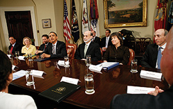 Photo showing President Barack Obama meeting with regulators in the Roosevelt Room of the White House, Washington, DC. (L-R) Senior Advisor and Assistant to the President Valerie Jarrett (back), Comptroller of the Currency John C. Dugan, U.S. Securities and Exchange Commission Mary Shapiro, US Secretary of the Treasury, Timothy Geithner, President Obama, US Chairman of the Board of Governors Ben Bernanke, Chairman of the U.S. Federal Deposit Insurance Corporation Sheila Bair, Chairman of the U.S. Commodity Futures Trading Commission Gary Gensler.