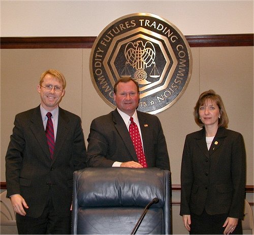CFTC Chairman James E. Newsome, Commissioner Sharon Brown-Hruska (right), and Commissioner Walter L. Lukken (left) at the Commission's February 4, 2004, Open Meeting at which the U.S. Futures Exchange was designated as a contract market