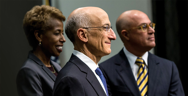 Photo showing the Commodity Futures Trading Commission Chairman, Timothy G. Massad, Sharon Y. Bowman, Commissioner, and J. Christopher Giancarlo, Commissioner. Photo by Ken Jones Photography.