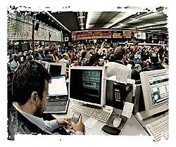 Photo showing the CME Trading Floor, 2002.