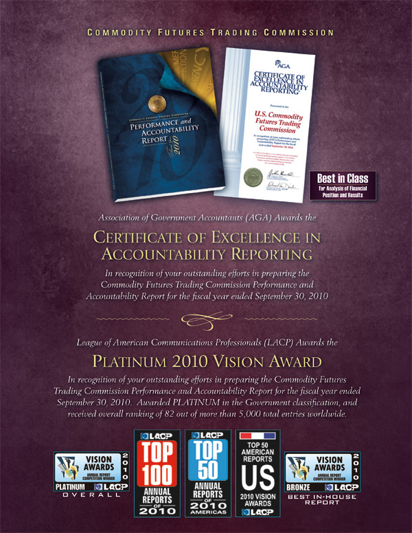 Photo showing the CFTC Fiscal Year 2010 PAR and the Certificate of Excellence in Accountability Reporting Award for the fiscal year ended September 30, 2010. CFTC also received the AGA Best in Class for Analysis of Financial Position and Results.