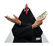 Photo showing a man in a suit with cash in his pocket, holding a $100 bill in one hand and reaching his other hand out.