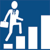 Icon of a business man walking up a rising bar chart.